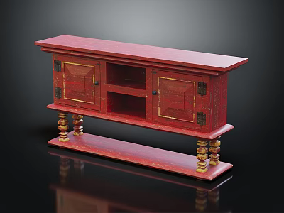 Red Console Sideboard Cabinet With Gold Accents And Ornate Carved Legs For Entryway 3d model