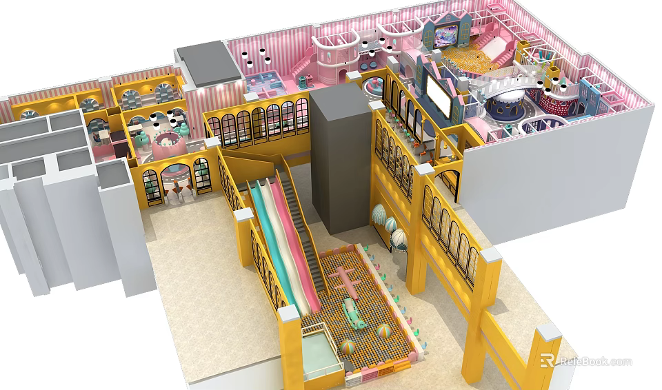 Shopping Mall Kids Play Area Store With Pink Yellow Decor Slides Climbing Structures 3d model 