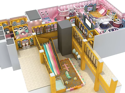 Shopping Mall Kids Play Area Store With Pink Yellow Decor Slides Climbing Structures 3d model