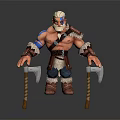 White Haired Warrior with Blue Facial Markings Fur Outfit Holding Dual Axes Standing
