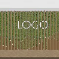 Illuminated Feature Wall With Golden Vertical Slats Green Plant Background Central Logo And Wooden Floor