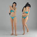Two Women in Blue Bikinis with Different Poses Against Grey Background