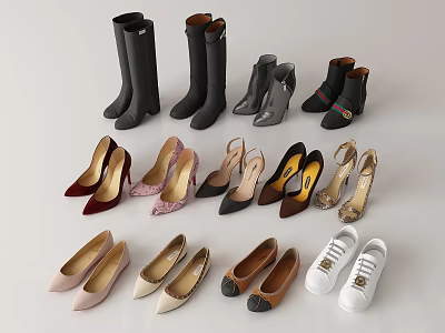 Different Styles of Shoes Including Boots High Heels Flats and Sneakers Collection 3d model
