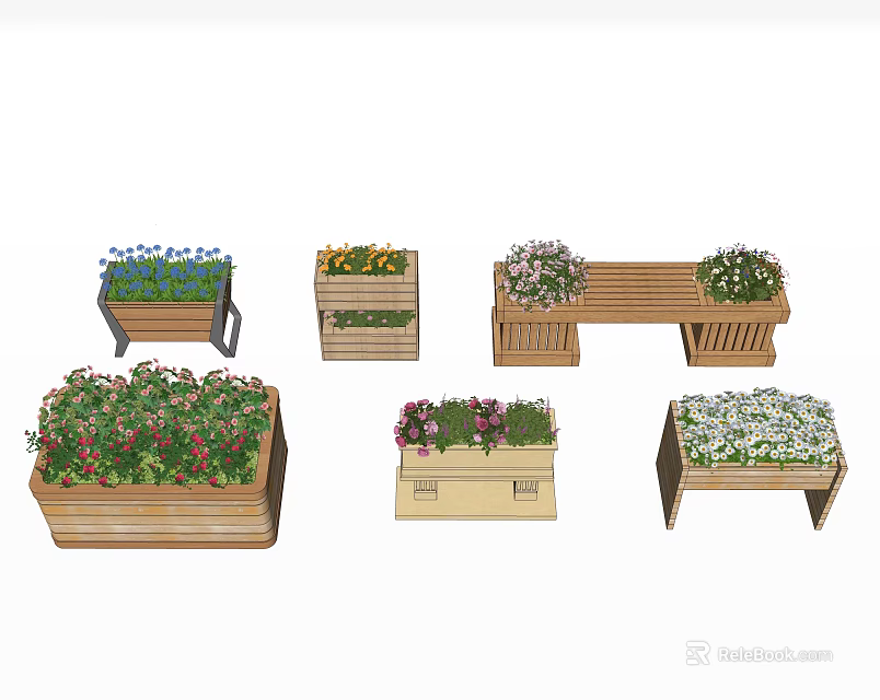 Wooden Flower Planters With Various Designs And Colorful Blooming Plants 3d model 