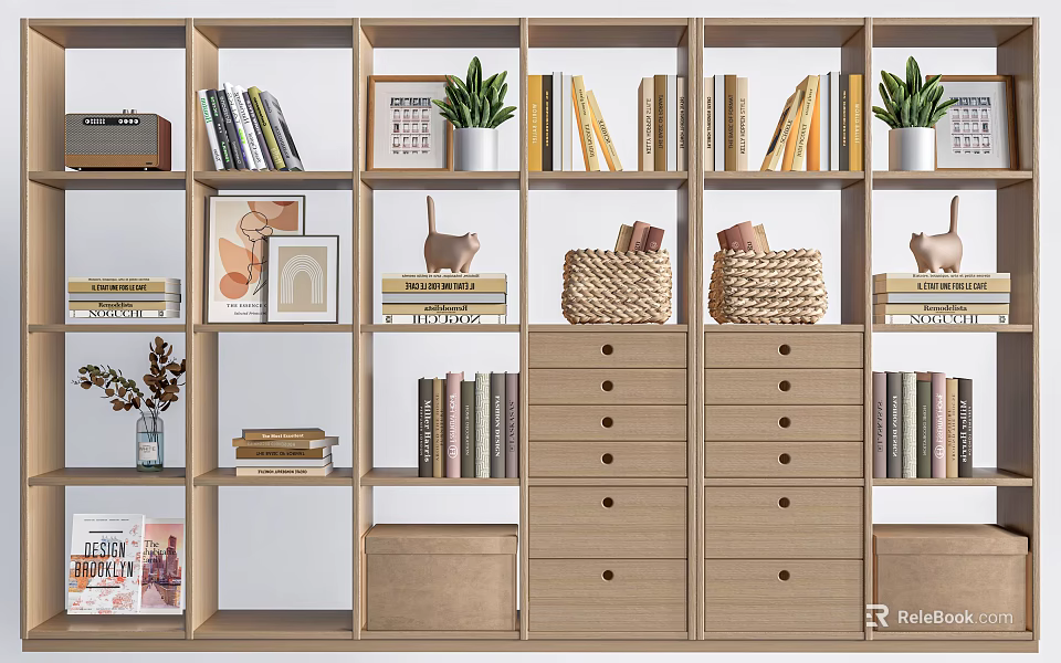 Modern Multifunctional Display Shelving Unit With Books Decorative Items Potted Plants Wicker Baskets And Drawers 3d model 