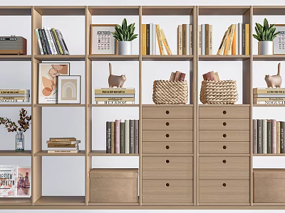 Modern Multifunctional Display Shelving Unit With Books Decorative Items Potted Plants Wicker Baskets And Drawers 3d model
