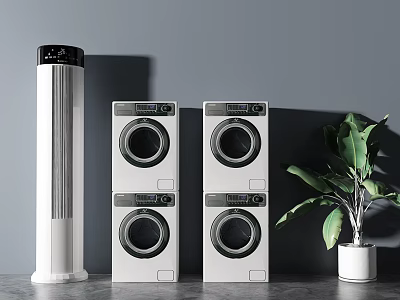 Two Stacked Washing Machines With Plant On Gray Wall Background 3d model
