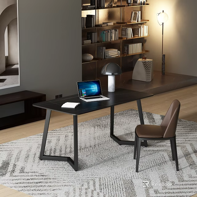 Modern Desk Setup With Laptop Lamp Chair And Bookshelf On Area Rug 3d model 