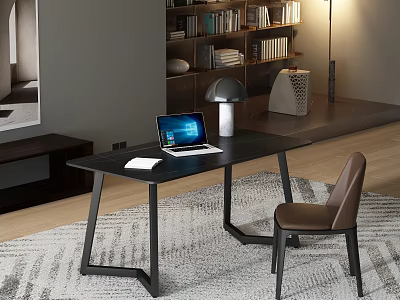 Modern Desk Setup With Laptop Lamp Chair And Bookshelf On Area Rug 3d model