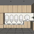 Public Restroom Interior Design With Wooden Cabinets Multiple Sinks Round Mirrors And Ceiling Lights