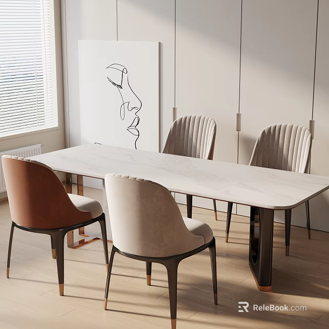 Modern Dining Table Set With White Marble Top And Upholstered Chairs In Minimalist Design 3d model 