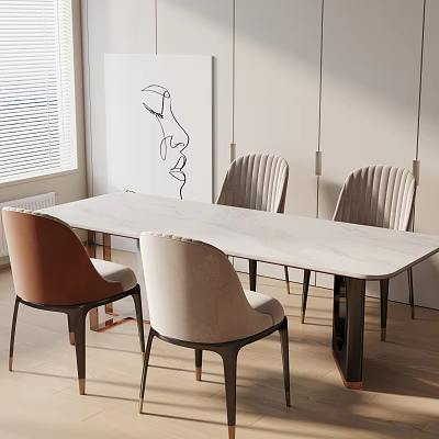 Modern Dining Table Set With White Marble Top And Upholstered Chairs In Minimalist Design 3d model