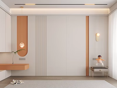 Modern Minimalist Bed Background Wall With Vertical Stripes White Warm Tones Wall Sconce And Simple Decor 3d model