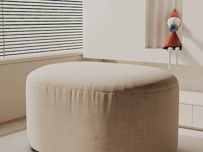 Beige Round Upholstered Side Table With Window Blinds And Red Gnome Decor 3d model