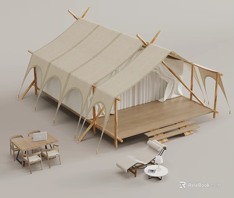 Spacious Canvas Outdoor Tent With Wooden Frame And Patio Deck Furniture 3d model 