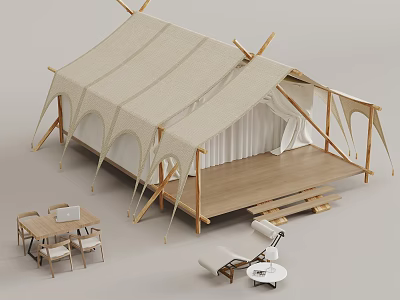 Spacious Canvas Outdoor Tent With Wooden Frame And Patio Deck Furniture 3d model