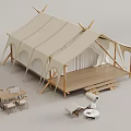 Spacious Canvas Outdoor Tent With Wooden Frame And Patio Deck Furniture