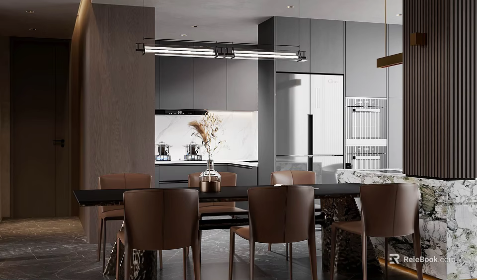 Elegant Modern Restaurant Interior With Dark Cabinets Dining Table And Leather Chairs 3d model 