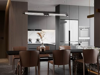 Elegant Modern Restaurant Interior With Dark Cabinets Dining Table And Leather Chairs 3d model