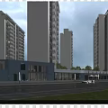 Modern Sales Office Building With Urban Street Pedestrians And High Rises