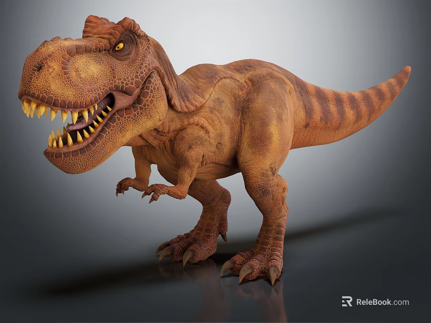 Brown Striped Tyrannosaurus Rex 3D Model Standing With Open Mouth And Sharp Teeth 3d model 