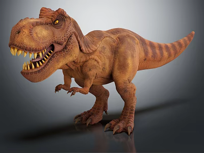 Brown Striped Tyrannosaurus Rex 3D Model Standing With Open Mouth And Sharp Teeth 3d model