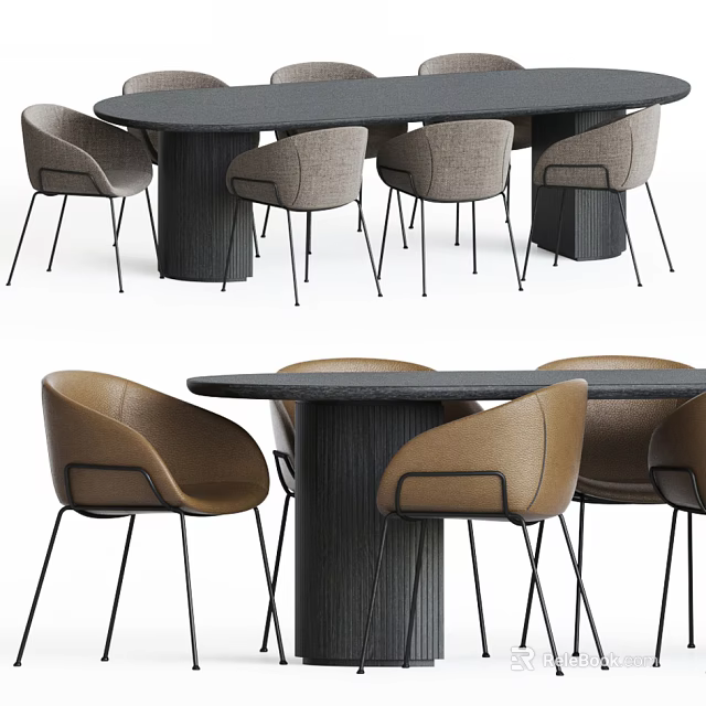 Modern Stylish Dining Table Set With Dark Top And Upholstered Chairs 3d model