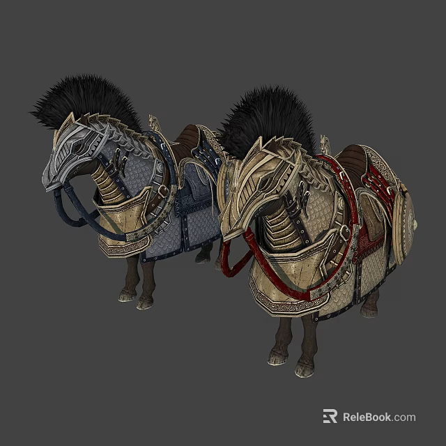 Decorative Fantasy Horses With Ornate Saddles Metal Decorations And Colored Pads 3d model 