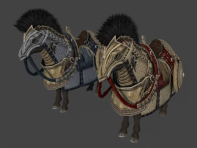Decorative Fantasy Horses With Ornate Saddles Metal Decorations And Colored Pads 3d model