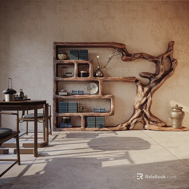 Tree Root Shaped Bookshelf Wall Decor In Chinese Style Room 3d model 