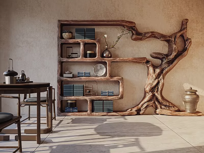 Tree Root Shaped Bookshelf Wall Decor In Chinese Style Room 3d model