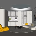 Modern Entertainment Room Interior With Round Skylight White Sofa Yellow Chair Bookshelves And Decorative Painting