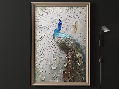 Colorful Peacock Animal Painting With Detailed Feathers Framed Wall Art Decor 3d model