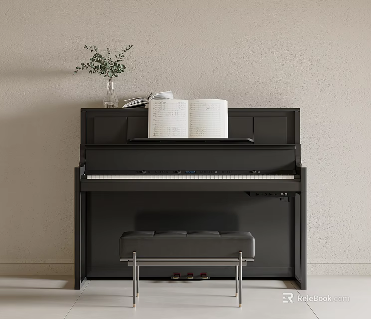 Black Piano With Music Sheets Vase And Green Plant In Light Wall Room 3d model 