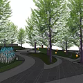 Park Landscape With Lush Green Trees Circular Lawn Curved Pathway And Decorative Balls