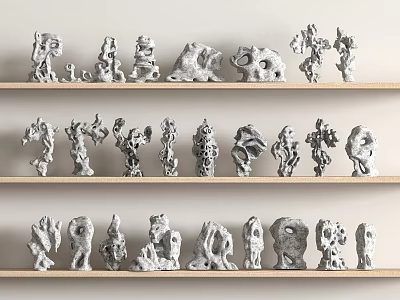 Artistic Unique Abstract Gray Sculptures Displayed On Three Wooden Shelves 3d model