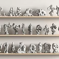 Artistic Unique Abstract Gray Sculptures Displayed On Three Wooden Shelves
