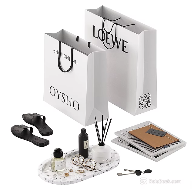 Elegant Decorative Ornament Set With Shopping Bags Slippers Fragrance Tray And Notebook 3d model 