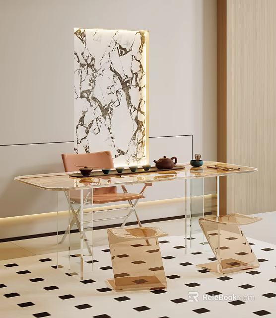 Modern Tea Table and Chairs with Transparent Acrylic Legs Pink Seat and Decorative Painting 3d model 