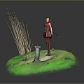 Red Clothed Woman Standing Near Reed Plants On Green Grass Island With Stone Monument
