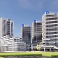 Modern High Rise Building Complex With Green Roofs And Connected Roads 3d model