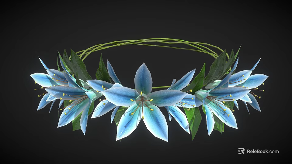 Decorative Flower Wreath With Blue Petals And Green Leaves For Hanging 3d model 