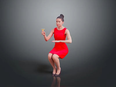 Elegant Woman Sitting Holding Yellow Cup In Red Dress Against Dark Background 3d model