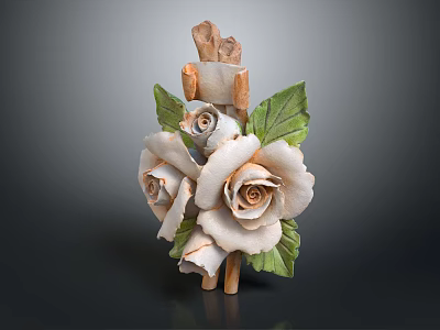 Artistic White Roses With Green Leaves On Wooden Decorative Plant Figurine 3d model