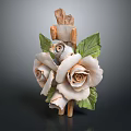 Artistic White Roses With Green Leaves On Wooden Decorative Plant Figurine