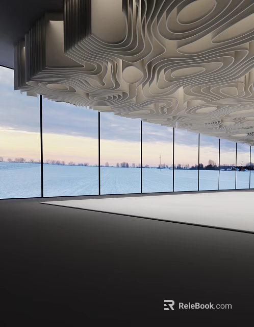 Modern Wavy Ceiling Design In Bright Interior With Large Windows And Snowy View 3d model 
