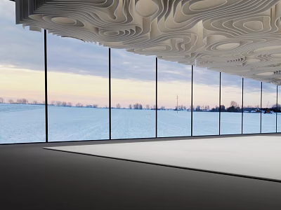Modern Wavy Ceiling Design In Bright Interior With Large Windows And Snowy View 3d model