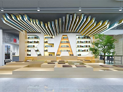 Book Art Inspired Library Interior With Giant READ Letters Bookshelves Reading Nooks And Green Plants 3d model