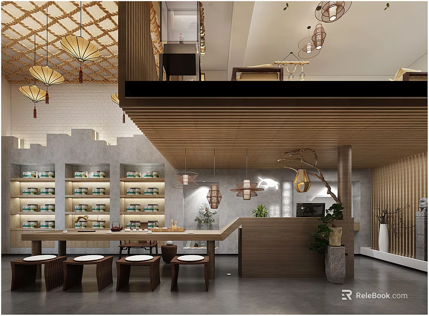 Traditional Chinese Teahouse Interior Design With Wooden Lanterns Tea Shelves And Tables 3d model 
