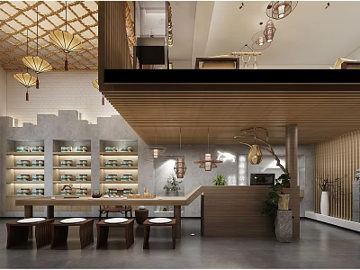 Traditional Chinese Teahouse Interior Design With Wooden Lanterns Tea Shelves And Tables 3d model